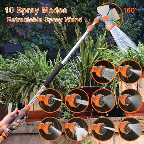 Retractable Garden Hose Reel, Wall Mounted Hose Reel Heavy Duty Garden Hose Reel for Outside, with 8 Patterns Nozzle, 10 Patterns Watering Wand, 180°Swivel Bracket, Any Length Lock - Image 4