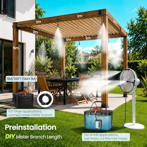 MIXC Portable Misting Systems, Outdoor Water Cooling Misters Set with 5200mAh Water Pump, 5.8GAL/22L Bucket, 36FT(11M) Hose, 8*Adjustable Brass Nozzles for Patio/Umbrella/Golf Cart/Canopy/Camping - Image 4