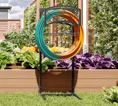 Fire Beauty Heavy-Duty Portable Garden Hose Holder with Storage Basket,80+ lbs Capacity, Modern Geometric Design, Holds 180ft 1/2" Hose,Dual Support Rods & Rustproof Screws by FireBeauty