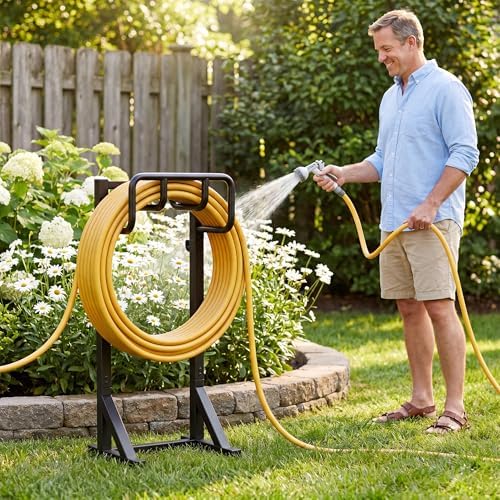 Garden Hose Holder Stand, Freestanding Heavy Duty Metal Hose Holder with Stable Base and Tool Hooks, Rustproof Water Hose Storage Rack for Outside Yard Lawn（2 Pack) - Image 2