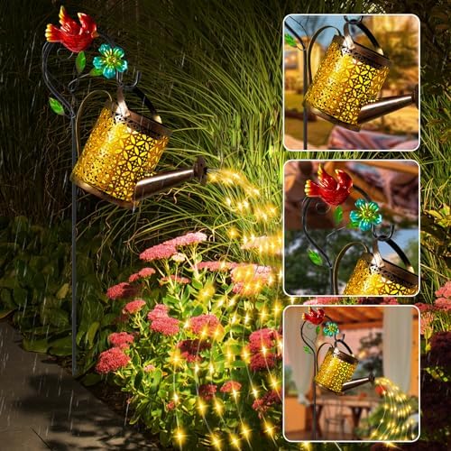 Solar Lights Outdoor, Watering Can with Cascading Lights, Watering Can with Hook Solar Lantern, Gardening Decor for Yard Patio, Gardening Gifts for Mom Grandma Women (2 Pack) - Image 2