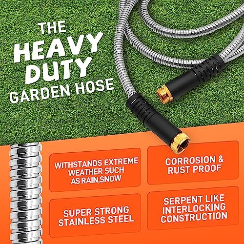 Besiter Garden Hose 100FT Stainless Steel Water Hose with 10 Functions Adjustable Spray Nozzle, Heavy-Duty Metal Garden Hose Flexible Durable No-Tangle & Kink Leak Dog Proof Hose for Yard Lawn(Orange) - Image 3
