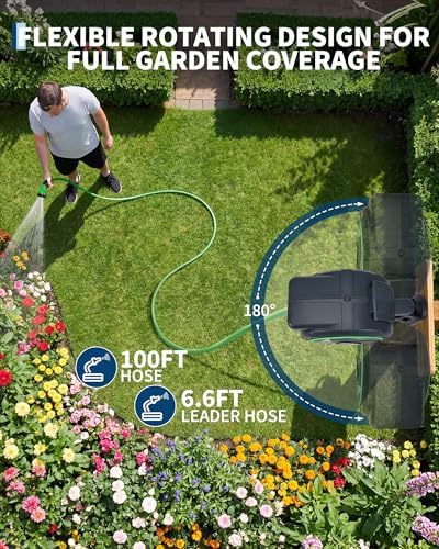Retractable Garden Hose Reel 100FT, 1/2 Inch Wall Mounted Water Hose Reel with Auto Rewind, 180° Swivel Bracket for Lawn & Garden - Image 6