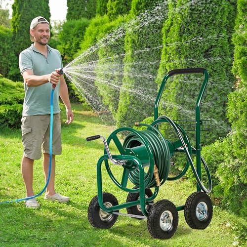 FDW Garden Hose Reel Cart, Water Hose Cart with 4 Wheels, Hold Up to 300 ft of 5/8’’ Hose，Heavy Duty Powder-Coated Steel Planting with Storage Basket, for Garden, Yard and Lawn - Image 2