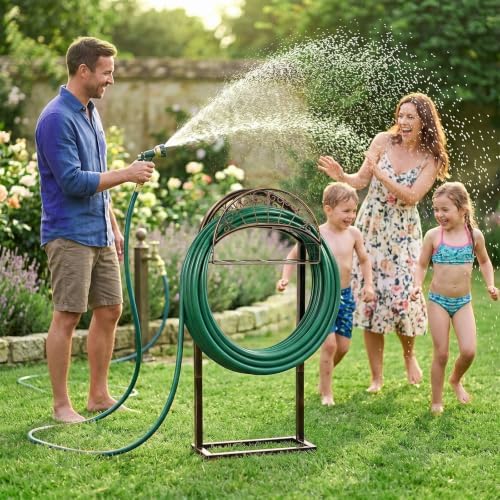 Bronze Garden Hose Holder with Storage Basket, Heavy Duty Freestanding Water Hose Stand with 4 Ground Spikes, Garden Hose Holder, Water Hose Stand, Hose Rack, Storage Basket, Outdoor Organizer - Image 2
