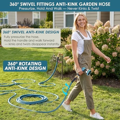 FlexiSolve 100ft Non-Expanding Garden Hose with 360° Swivel & Valve, Blue - Image 4