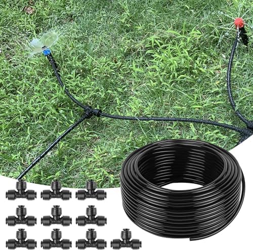 100FT 1/4 Inch Drip Irrigation Tubing with 10 Pack Push-to-Connect 1/4" Tee Connectors, Distribution Drip Line Hose & Universal Tee Fitting, for Drip Irrigation Parts or Drip System and Misting System by WelcometoSpalolen
