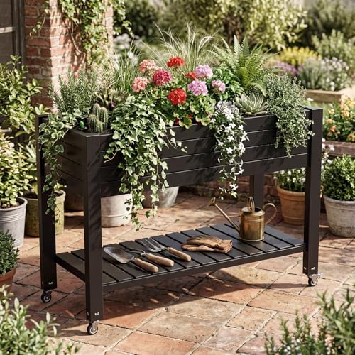 Large Elevated Raised Garden Bed with Legs,Outdoor Planter Box with Storage Shelf Drain Plug Water & Monitor for Backyard,Patio,Balcony(Black - Image 3