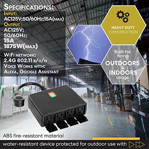 Smart Heavy Duty Outdoor Power Strip WiFi Plug Water-Resistant Socket, Electrical Power Extension Cord, Outlet Switch and Timer Works Remotely with Alexa, G Assistant (4 Sockets) Black - Image 4