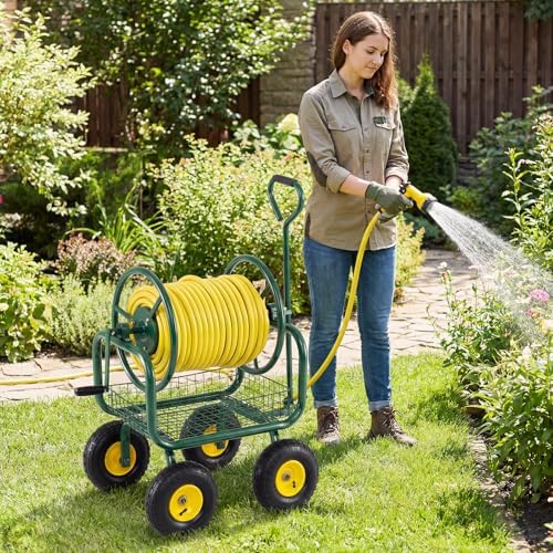 Goplus Garden Hose Reel Cart, 300ft 5/8" or 350ft of 1/2" Large Capacity, Heavy-Duty Metal Hose Cart w/4 Wheels, Storage Basket, Portable Water Hose Organizer for Outdoor Yard Planting Lawn - Image 4