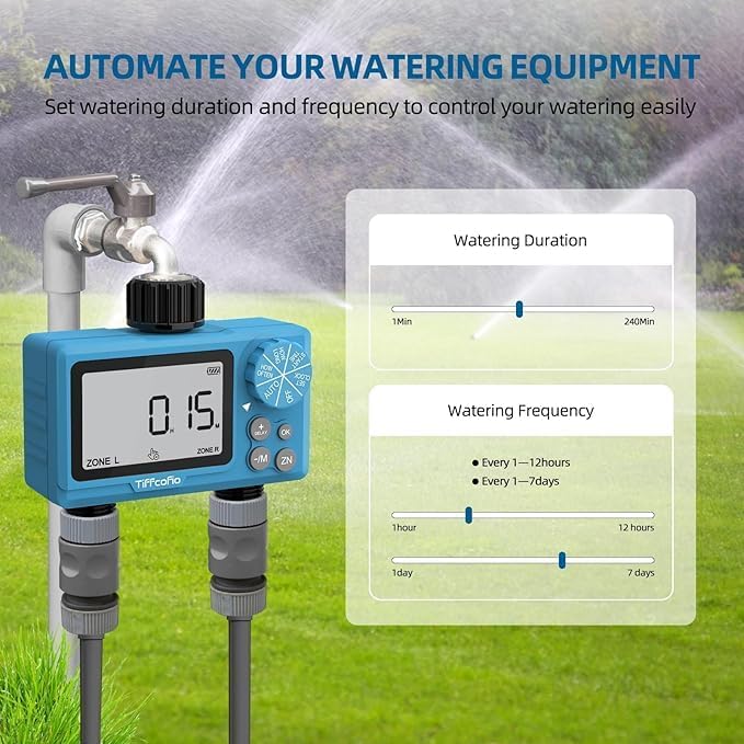 TiFFCOFiO Sprinkler Timer Outdoor, Digital Programmable for Garden Hose, Irrigrtion Timer with Rain Delay and Manual Mode (2 Outlets, 2 Packs) - Image 6