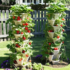 Strawberry Planters, 7 Tiered Vertical Stackable Planter, Herb Stacking Tower Garden, Flower Vegetable Planters with Support Pole, Indoor & Outdoor with Removable Wheels - White - Image 7