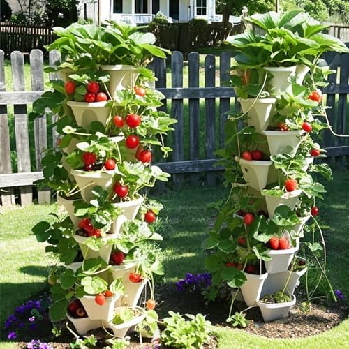 Strawberry Planters, 7 Tiered Vertical Stackable Planter, Herb Stacking Tower Garden, Flower Vegetable Planters with Support Pole, Indoor & Outdoor with Removable Wheels - White - Image 7