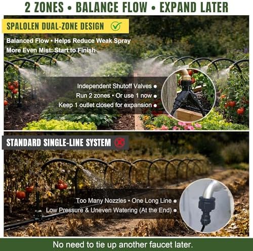 100FT Drip Irrigation System Kit Dual-Zone Garden Atomizing Watering System with 30 Copper 360° Adjustable Bendable Nozzles,Y-Splitter, Leak-Proof 1/4" Misting System for Garden Greenhouse Raised Beds - Image 3