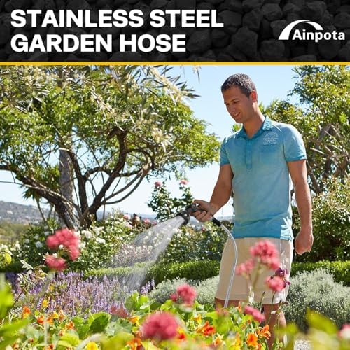 Metal Garden Hose 50ft Heavy Duty Stainless Steel Water Hose with Sprayer & Metal Fittings Flexible Lightweight Hose Puncture Proof Hose for Yard, Outdoors, Rv - Image 6