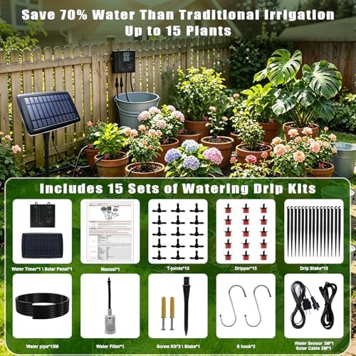 Vacation Plant Waterer, Solar Drip Irrigation System for 15 Pots with Auto Watering While Away on Trip or Business, 49FT Hose, Low Water Buzzer & Split Panel, for Garden Balcony Greenhouse - Image 3
