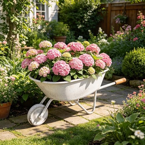 Rustic Large Metal Flower Pot Cart, Wheelbarrow Planter with Wooden Handles, Vintage Decorative Plant Holder for Indoor Outdoor Garden Patio Farmhouse, 23.62" L - Image 4