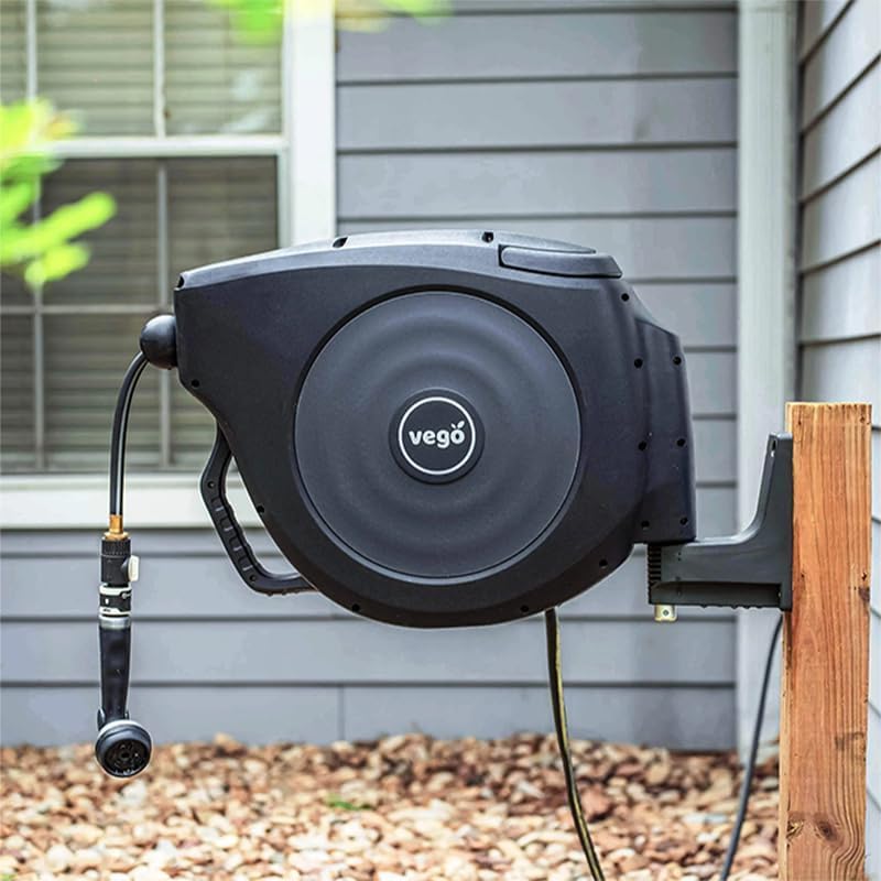 Vego Garden Hose Reel Retractable Hi-Flow Wall Mounted Hose Reel Automatic Rewind, Any Length Lock with 9 Patterns Sprayer Nozzle, Quick Connector and Adjustable shot Nozzle (Tidepool Blue, 82ft) - Image 4