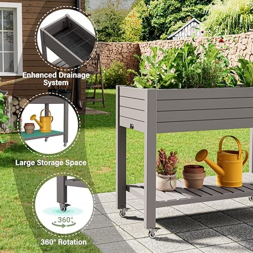 33.7" Tall Raised Garden Bed with Wheels, Divisible Resin Planter Box with Drainage Gauge & Storage Shelf, Herb Planter for Garden Patio Backyard, Medium Gray (33.7" h) - Image 5