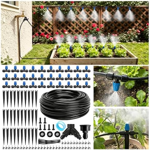 Riboud 165FT Drip Irrigation Kit, Quick-Connect Garden Watering System with 30 Adjustable Misting Nozzles for Garden Greenhouse, Hanging Plants, Raised Beds by Riboud