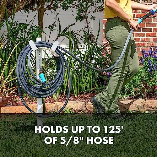 Aqua Joe SJ-SHSBB-WHT Steel Garden Hose Stand with Solid Brass Faucet and Quick Install Anchor Base, White - Image 4
