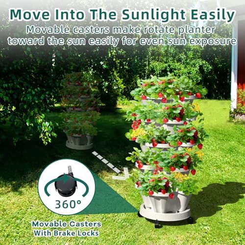 Strawberry Vertical Planters, 3 Tiered Stacking Tower Garden, Stackable Herb Vegetable Planters with Movable Casters and Bottom Saucer Indoor and Outdoor - White - Image 3