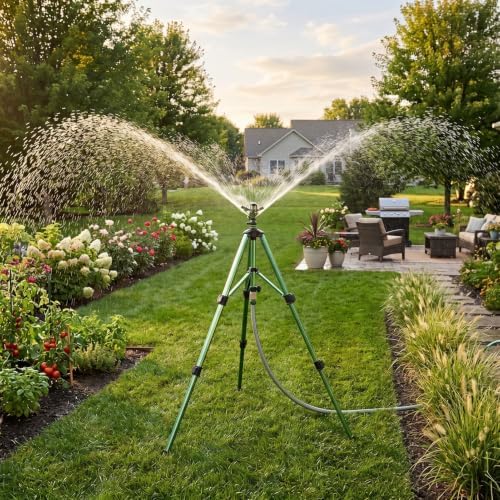 Asixxsix Tripod Sprinkler, Zinc Alloy Head Adjustable 360 Degree Rotating Lawn Sprinkler with Base Three Height Settings Flip Locks for Garden Lawn Patio Pool Cooling - Image 4