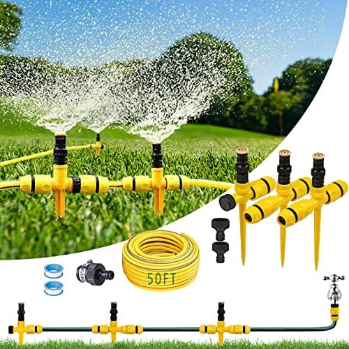 360° Rotation Auto Irrigation System Garden Lawn Sprinkler Patio, Sprinkler System Kit for Lawn, Adjustable Garden Yard Lawn Water Sprinkler with 50FT Sprinkler Hose and 6 Quick Connectors (3 PCS) by PURKCUYERT