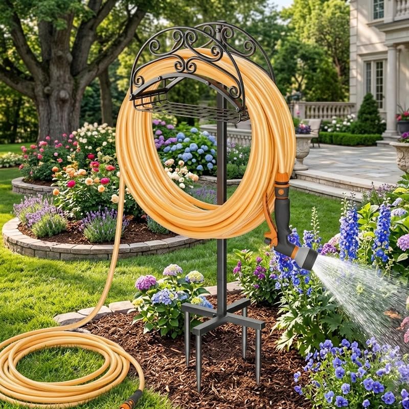 Metal Garden Hose Holder Free Standing, Heavy Duty Detachable Water Hose Stand Rack with Storage Basket, Outdoor Yard Pipe Organizers and Hanger, Ground Stake - Image 6