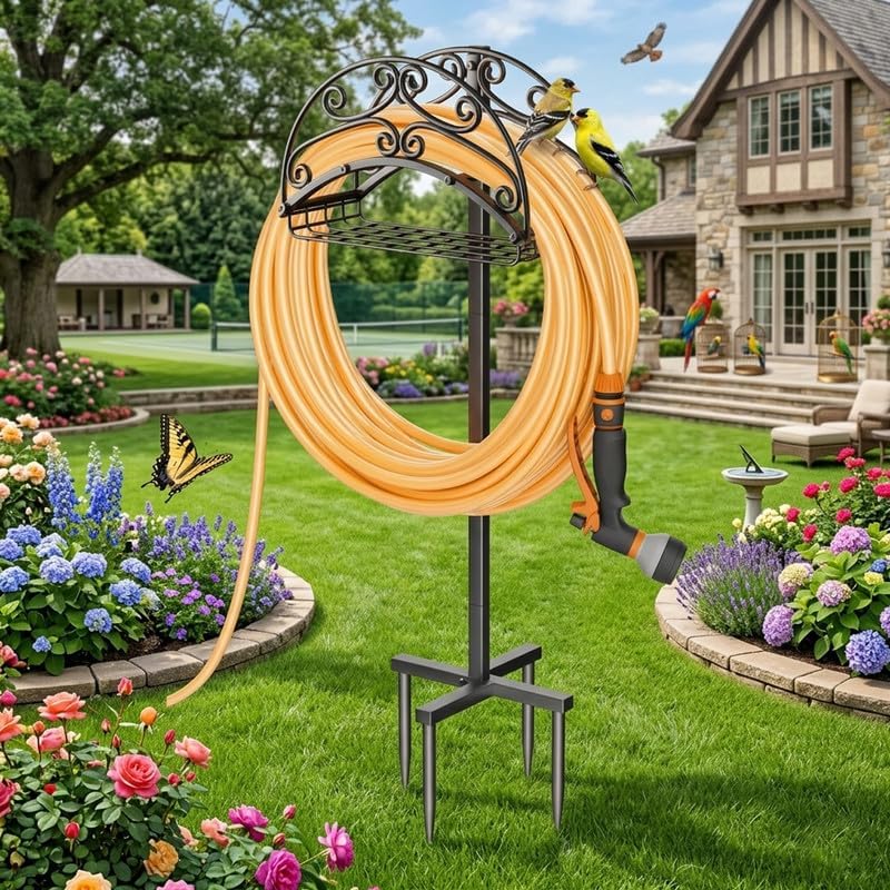 Metal Garden Hose Holder Free Standing, Heavy Duty Detachable Water Hose Stand Rack with Storage Basket, Outdoor Yard Pipe Organizers and Hanger, Ground Stake - Image 4
