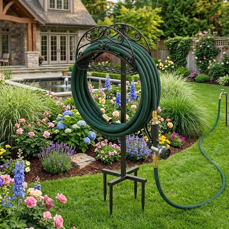 Metal Garden Hose Holder Free Standing, Heavy Duty Detachable Water Hose Stand Rack with Storage Basket, Outdoor Yard Pipe Organizers and Hanger, Ground Stake - Image 3