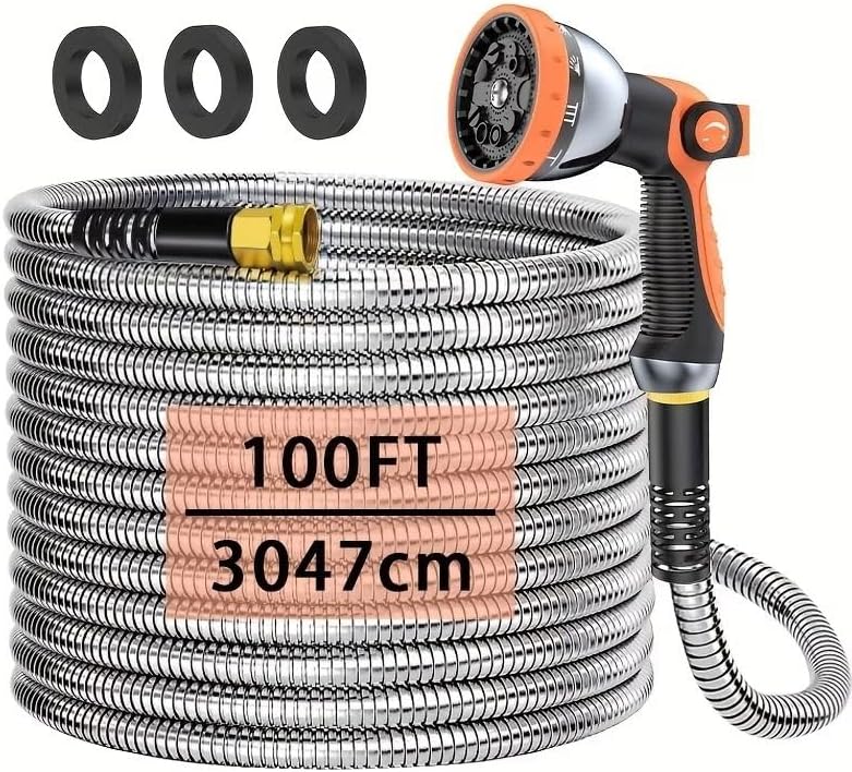 100FT 304 Stainless Steel Garden Hose with 10-Pattern Spray Nozzle (Orange) by Unknown