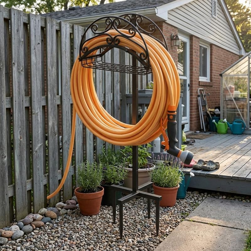 Metal Garden Hose Holder Free Standing, Heavy Duty Detachable Water Hose Stand Rack with Storage Basket, Outdoor Yard Pipe Organizers and Hanger, Ground Stake - Image 7