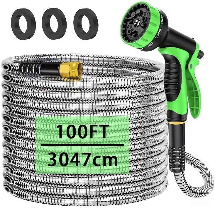 100FT 304 Stainless Steel Garden Hose with 10-Pattern Spray Nozzle (Green) by Unknown