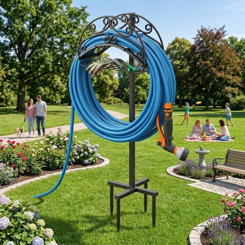 Metal Garden Hose Holder Free Standing, Heavy Duty Detachable Water Hose Stand Rack with Storage Basket, Outdoor Yard Pipe Organizers and Hanger, Ground Stake - Image 5